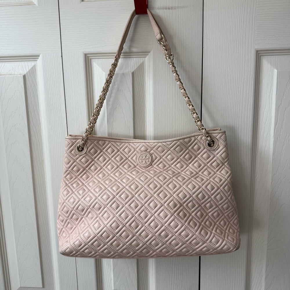 Tory Burch Marion Quilted Leather Tote Bag Pale Pink